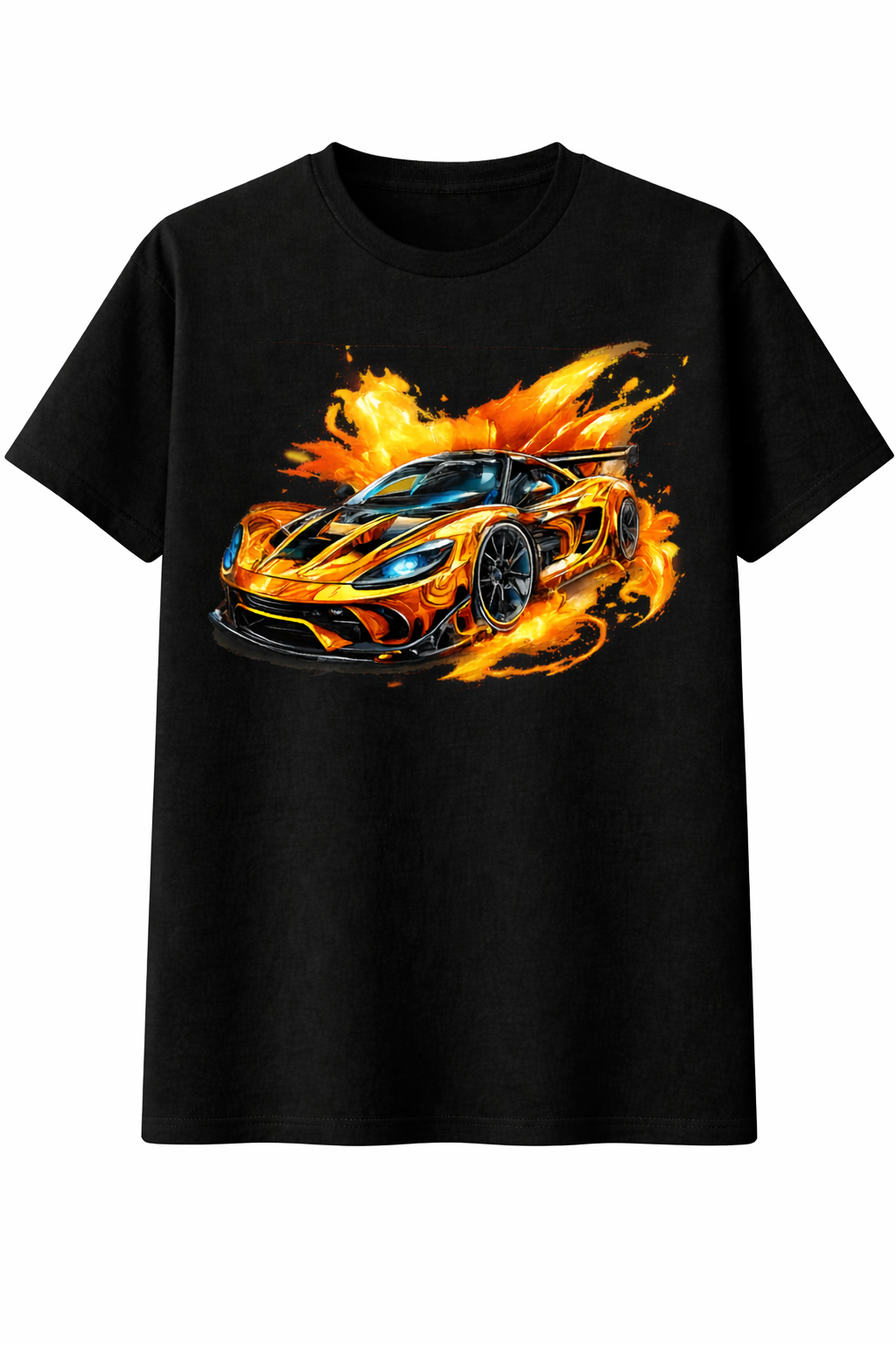 Black t-shirt with a car design on fire on a white background