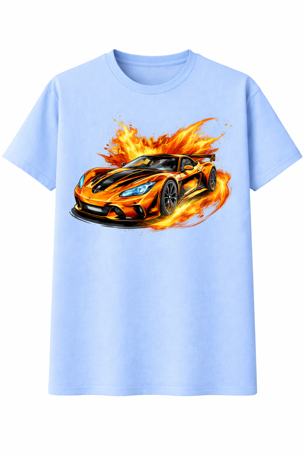 Light blue t-shirt with a car on fire graphic design