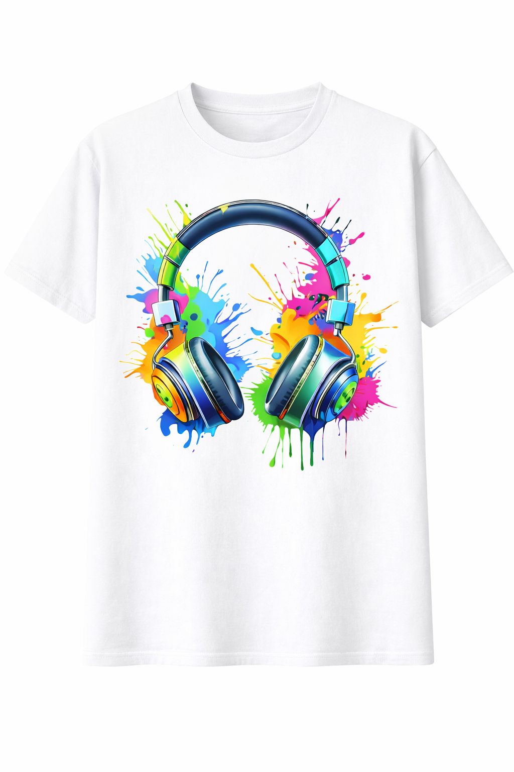 White t-shirt with colorful headphones graphic on a white background