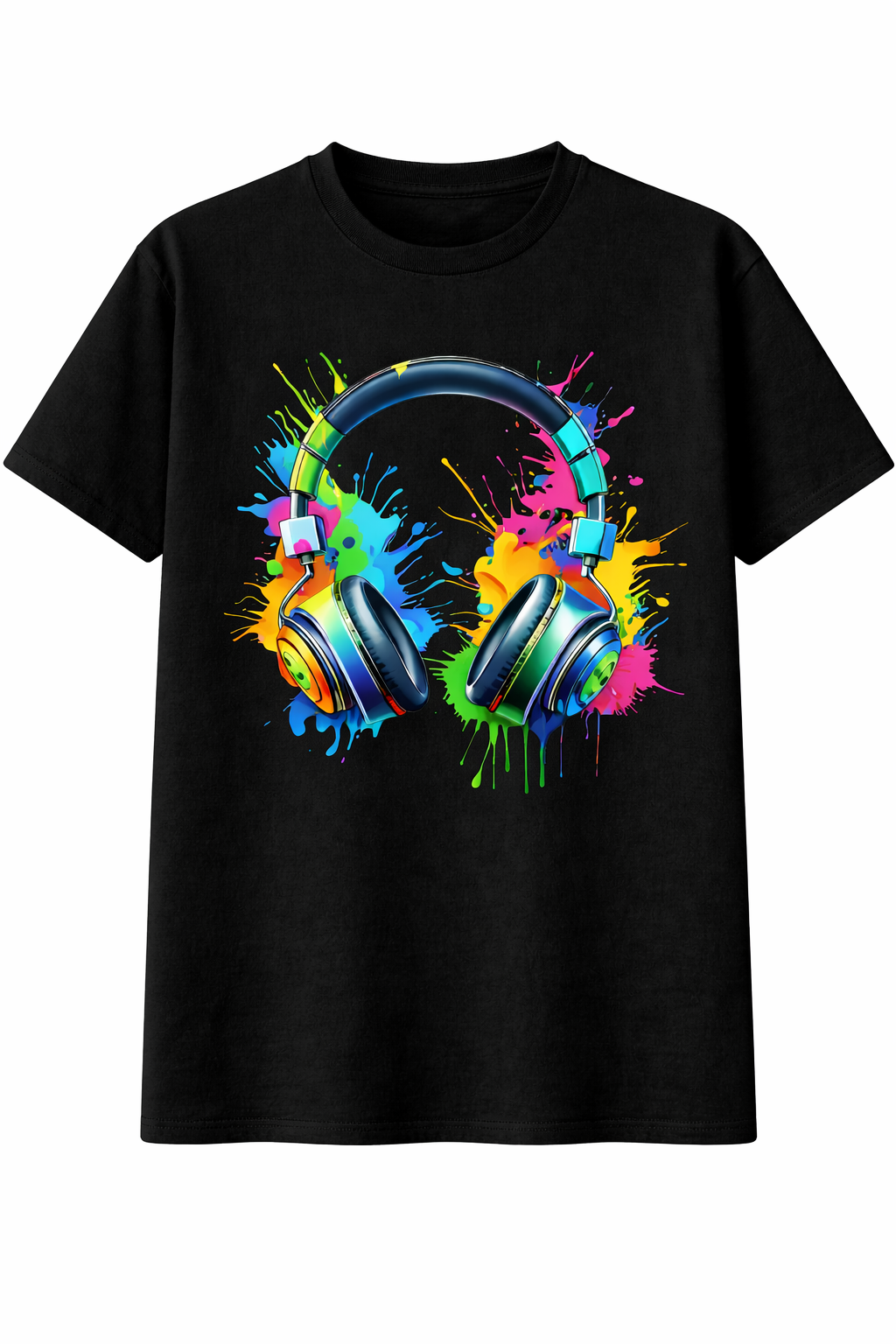Black t-shirt with colorful headphones graphic on a white background
