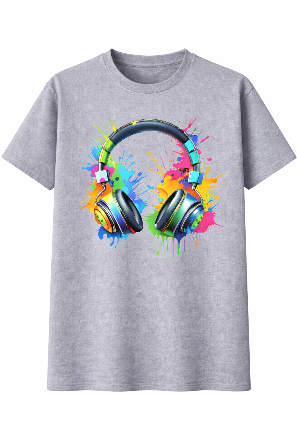 Gray t-shirt with colorful headphones graphic on a white background