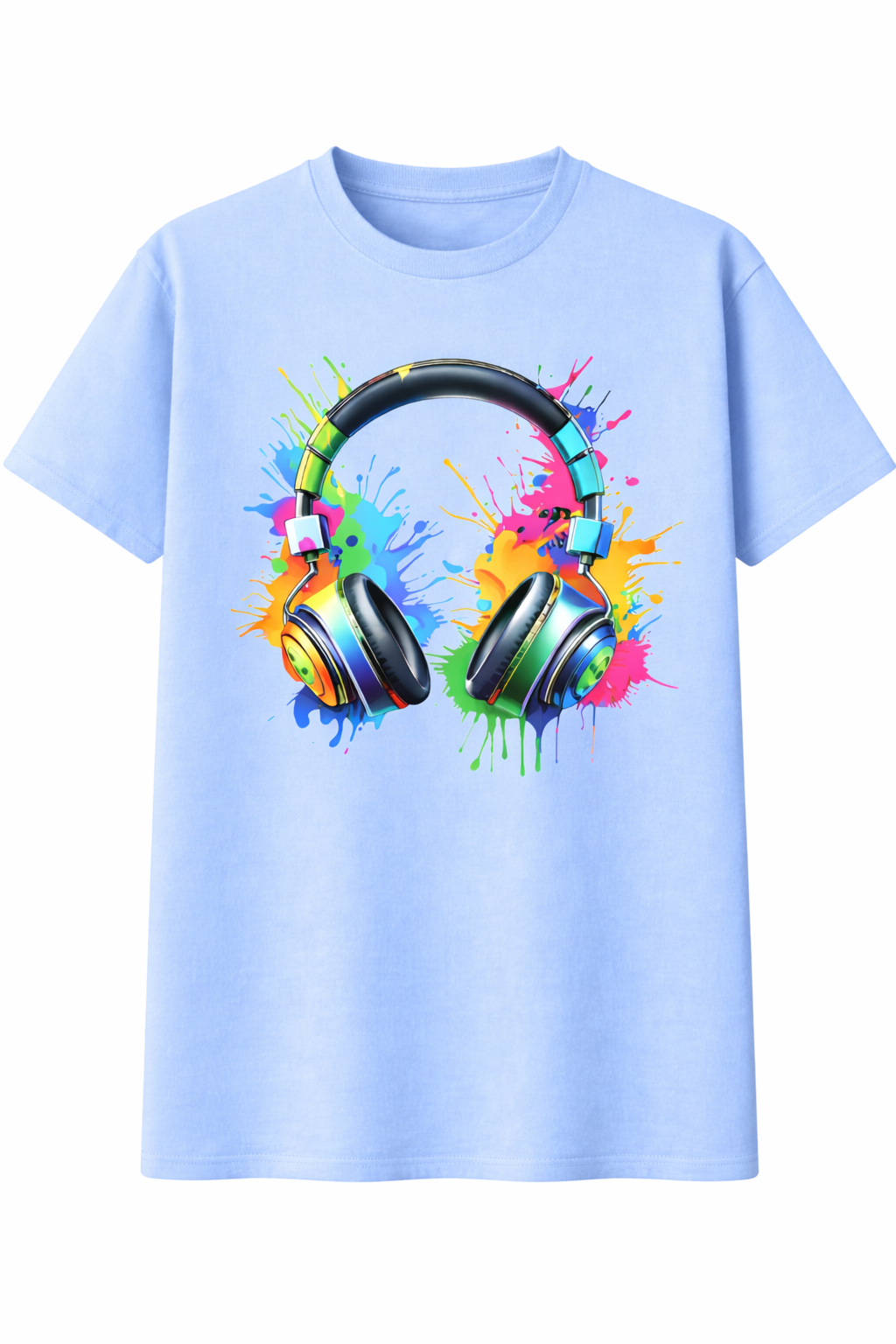 Light blue t-shirt with colorful headphones graphic on a white background