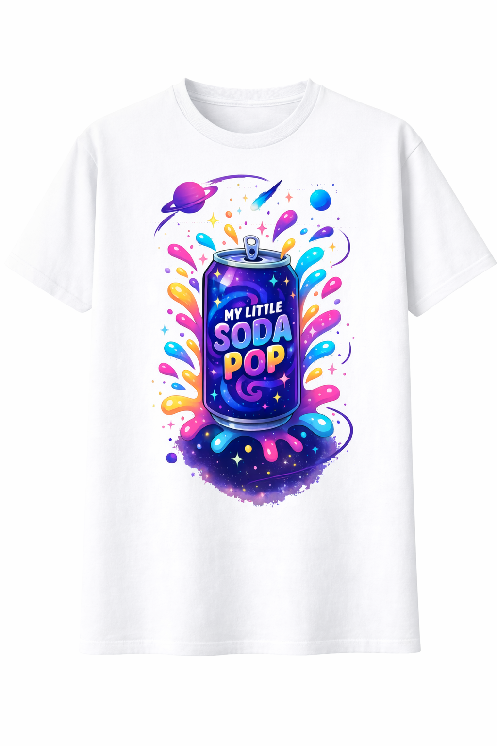 White t-shirt with colorful 'My Little Soda Pop' graphic design on a white background