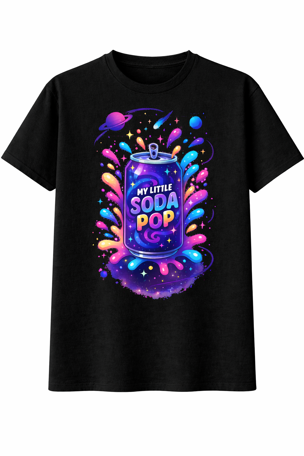Black t-shirt with colorful 'My Little Soda Pop' graphic design on a white background