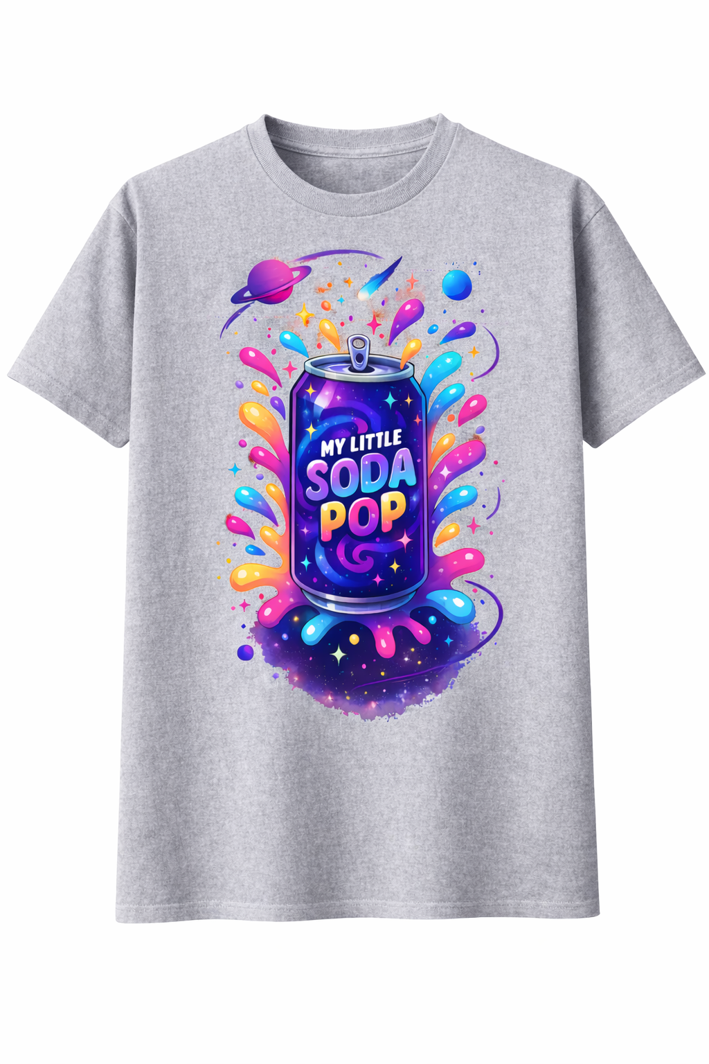 Gray t-shirt with colorful 'My Little Soda Pop' graphic design on a white background
