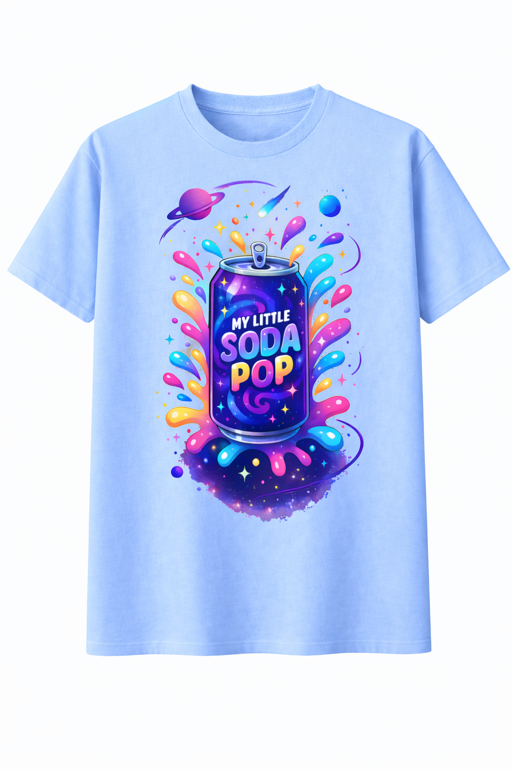 Light blue t-shirt with colorful 'My Little Soda Pop' graphic design on a white background