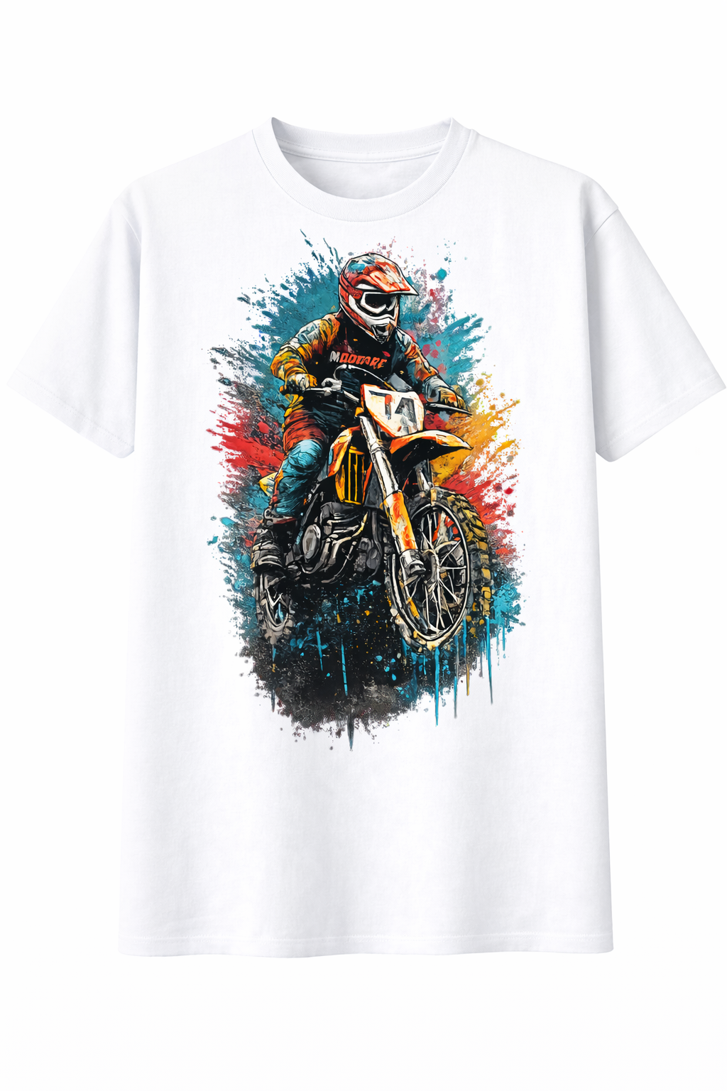White t-shirt with a graphic of a motocross rider on a colorful background