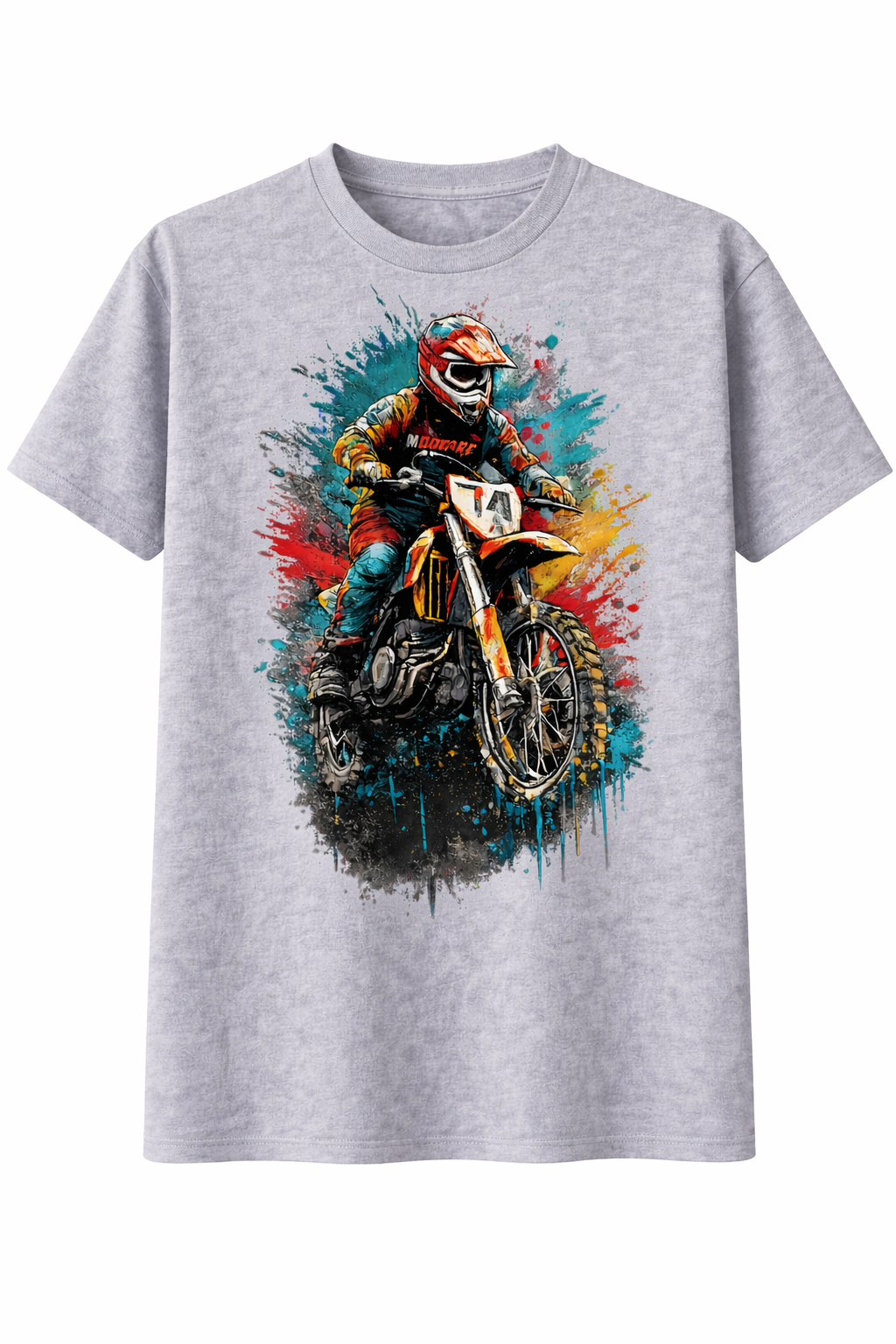 Gray t-shirt with a graphic of a motocross rider on a colorful design.