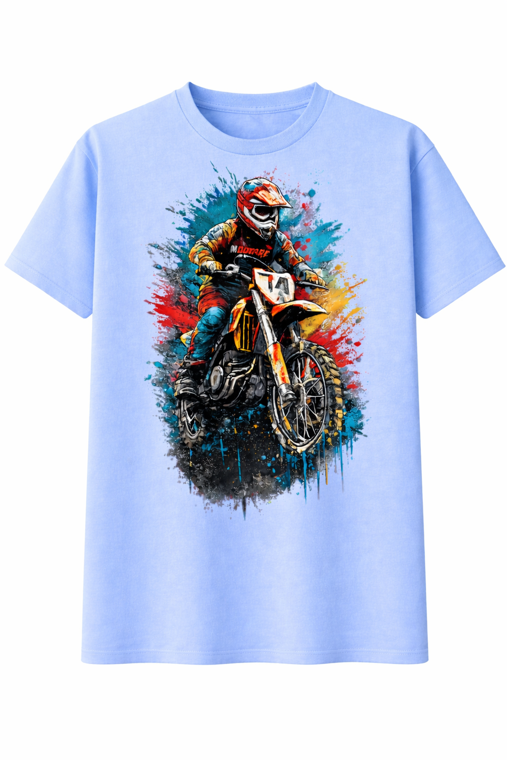 Light blue t-shirt with a graphic of a motocross rider on a colorful design.