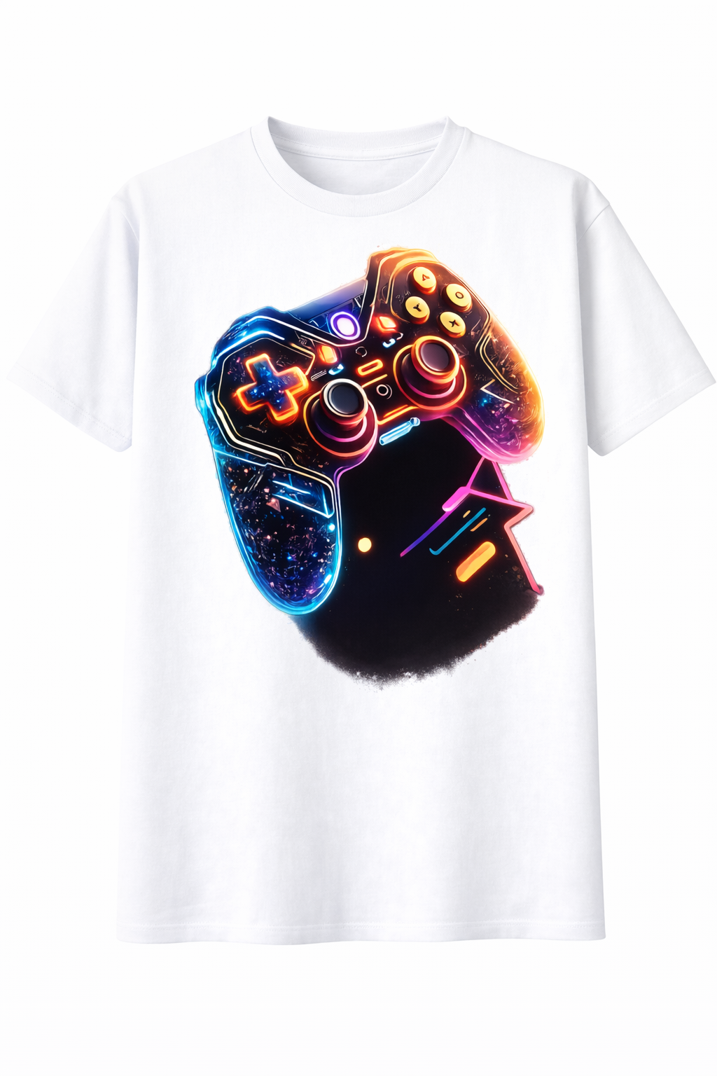 White t-shirt with a colorful gaming controller graphic on a white background