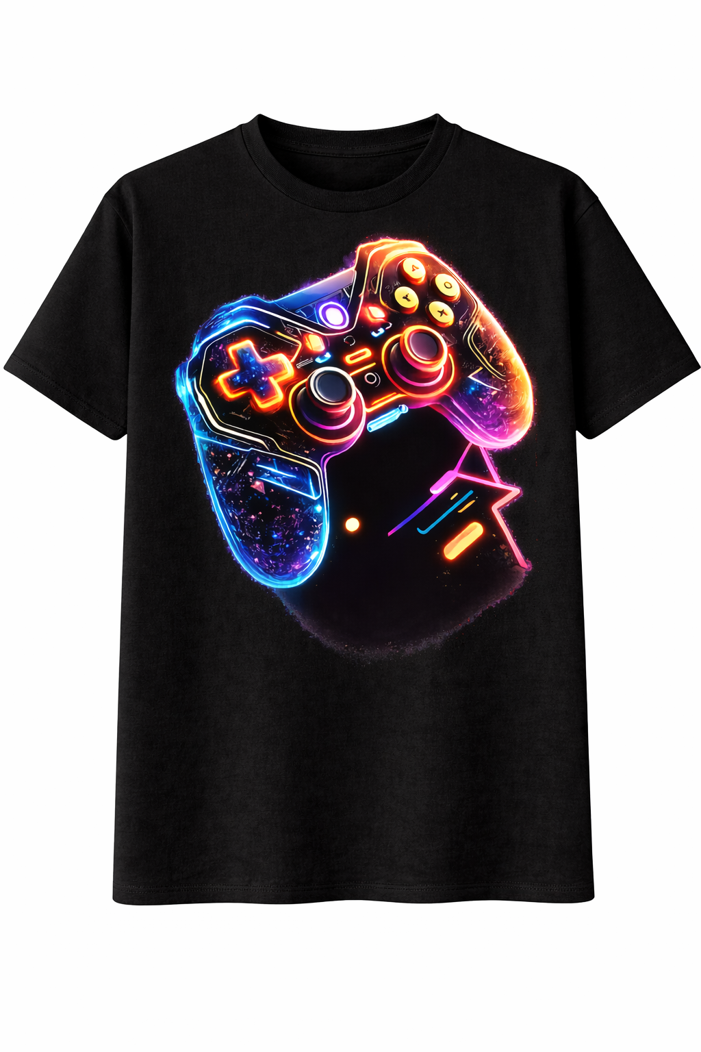Black t-shirt with a colorful gaming controller graphic on a white background
