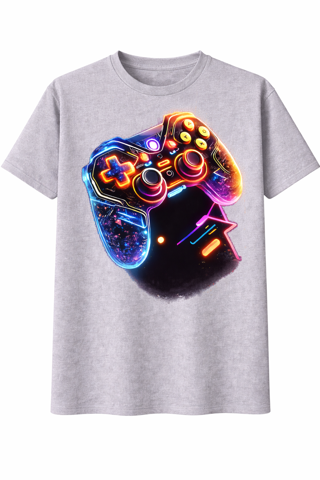 Gray t-shirt with a colorful gaming controller graphic on a white background