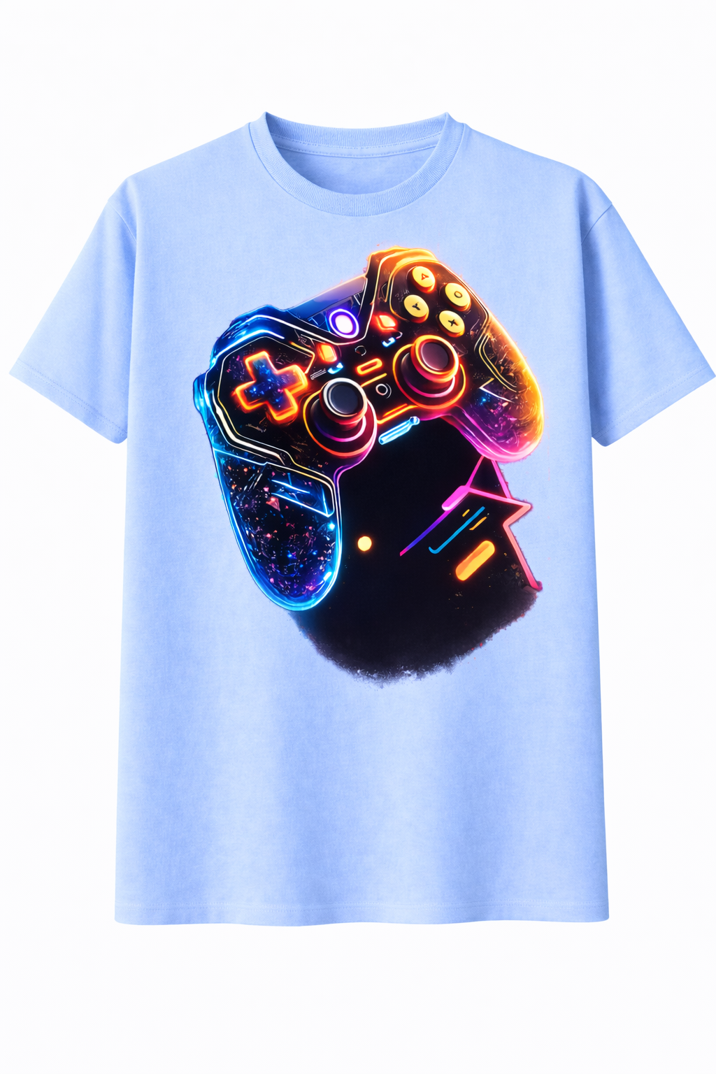 Light blue t-shirt with a colorful gaming controller graphic on a white background