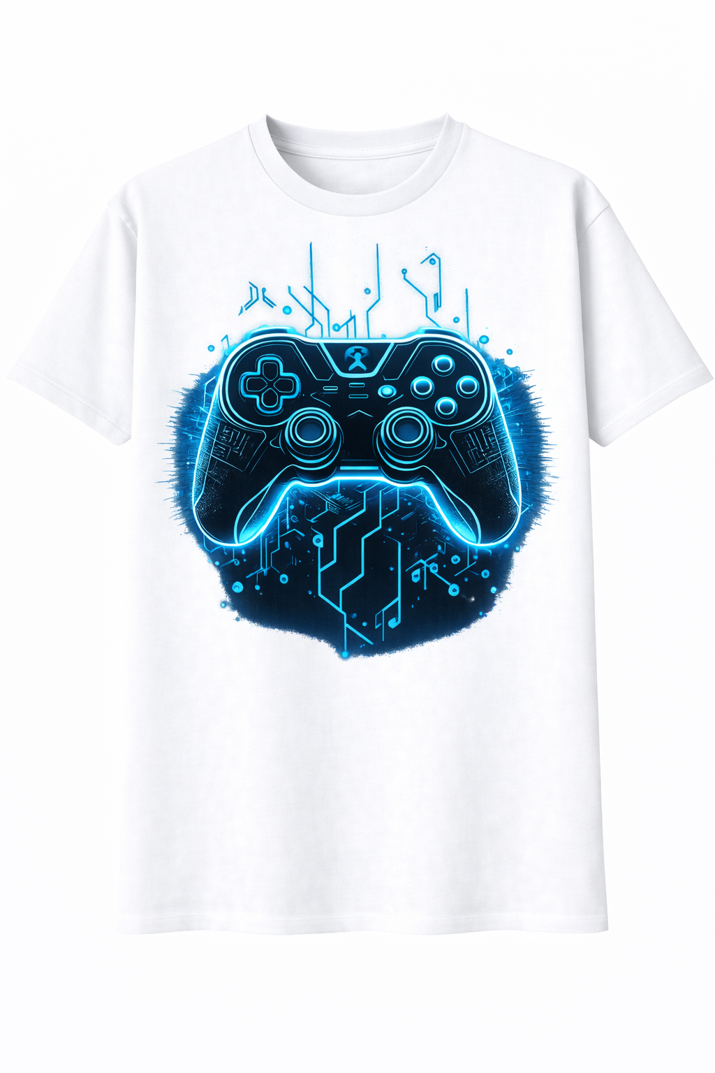 White t-shirt with a graphic of a blue gaming controller on a white background