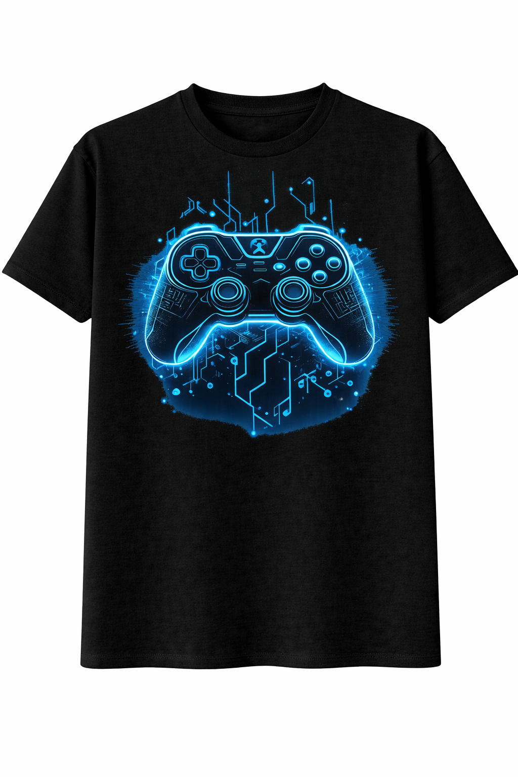 Black t-shirt with a blue gaming controller graphic on a white background