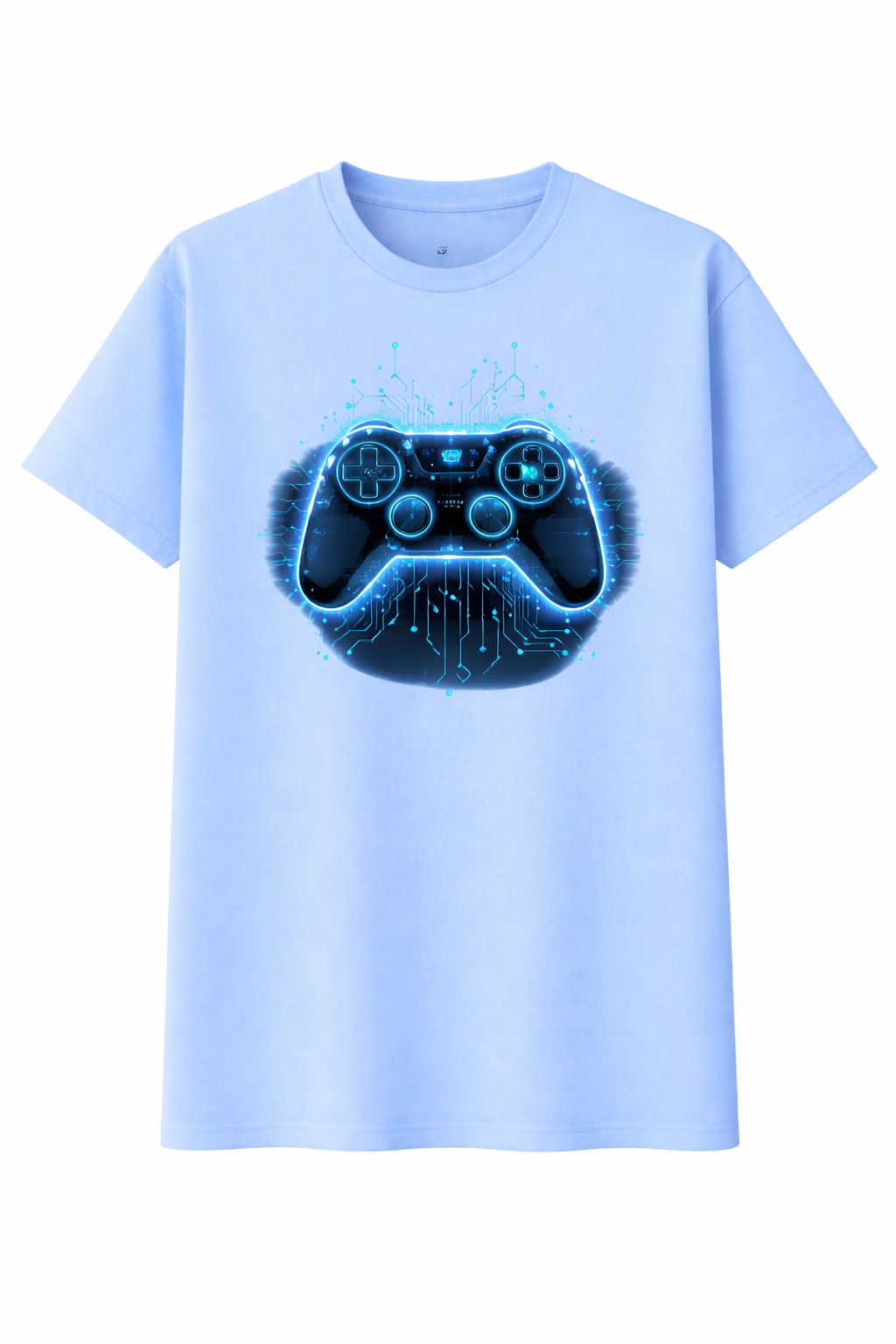 Light blue t-shirt with a graphic of a gaming controller on a white background