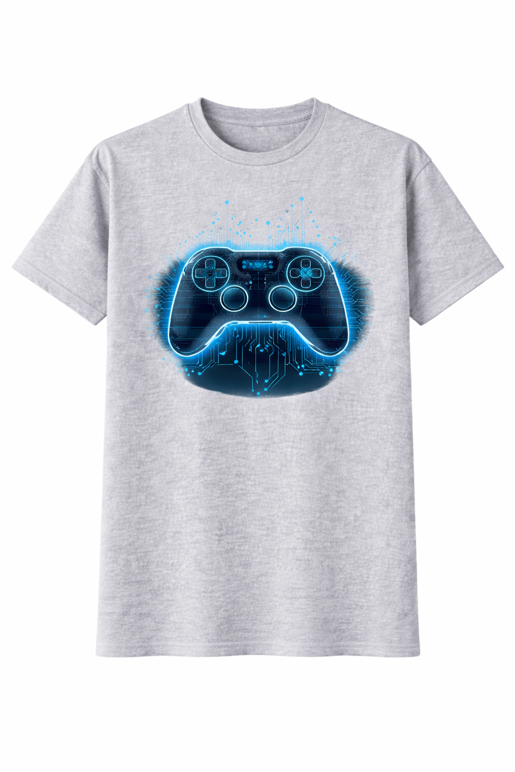 Gray t-shirt with a blue neon-style gaming controller graphic on a white background