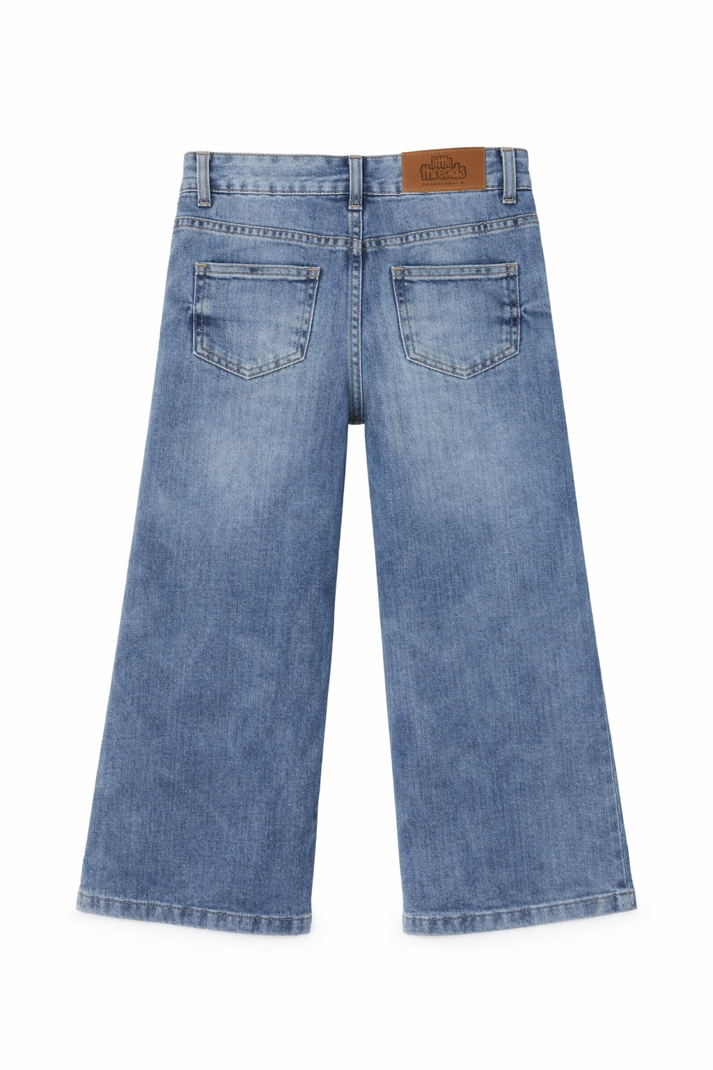Blue jeans with a visible brand label on a white background