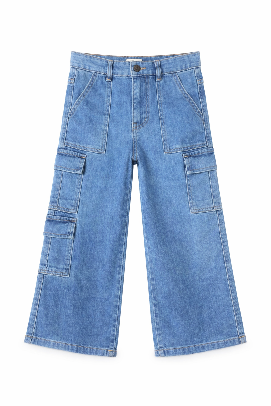 Blue denim cargo pants on a white background