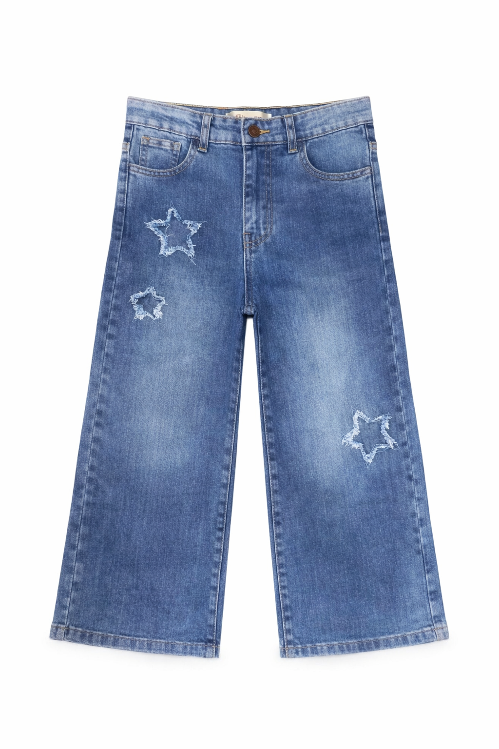 Blue jeans with star designs on a white background