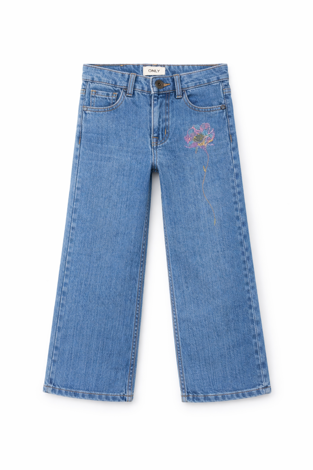 Mid Blue Flower Wide Leg Jeans