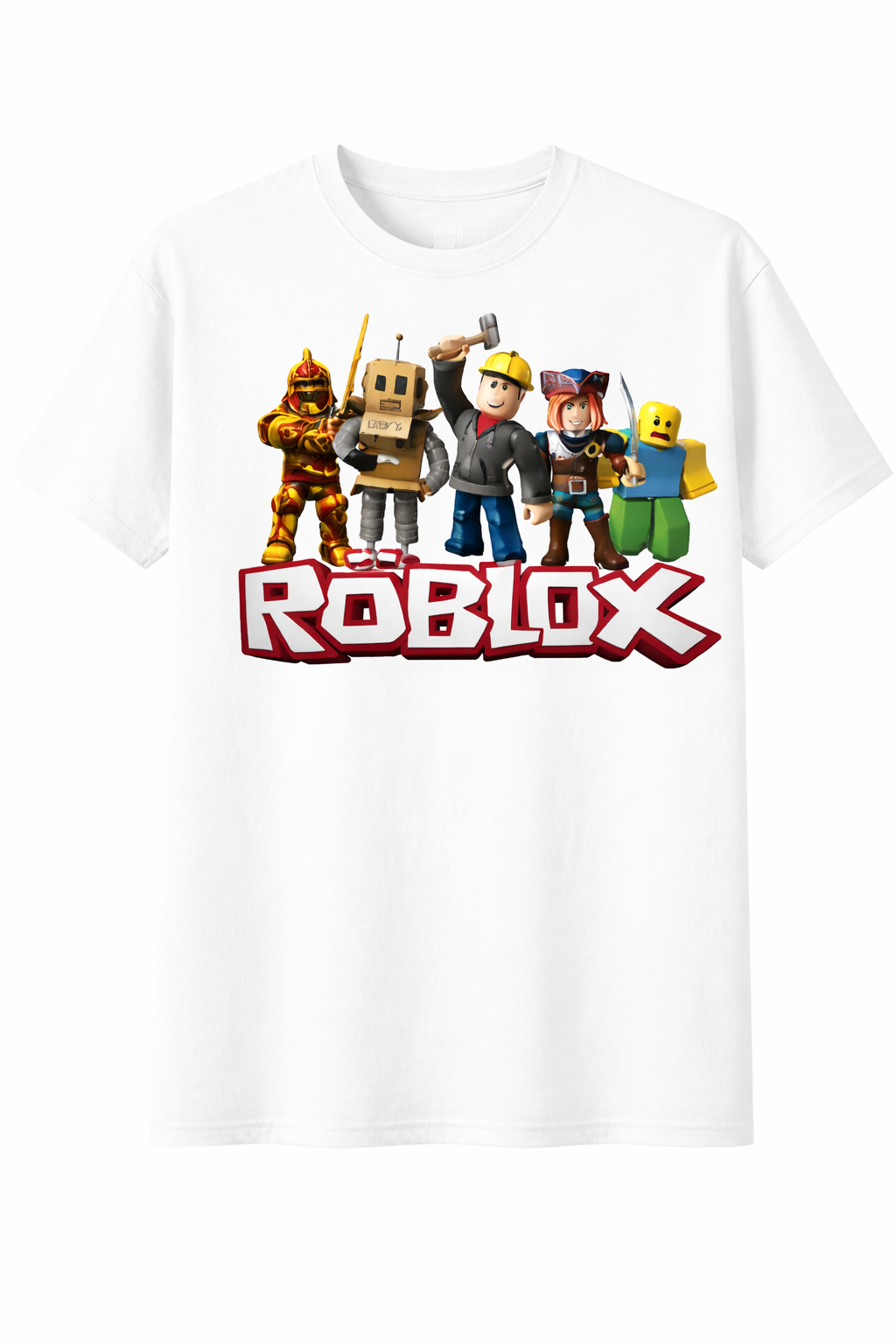 White t-shirt with Roblox characters and logo on a white background