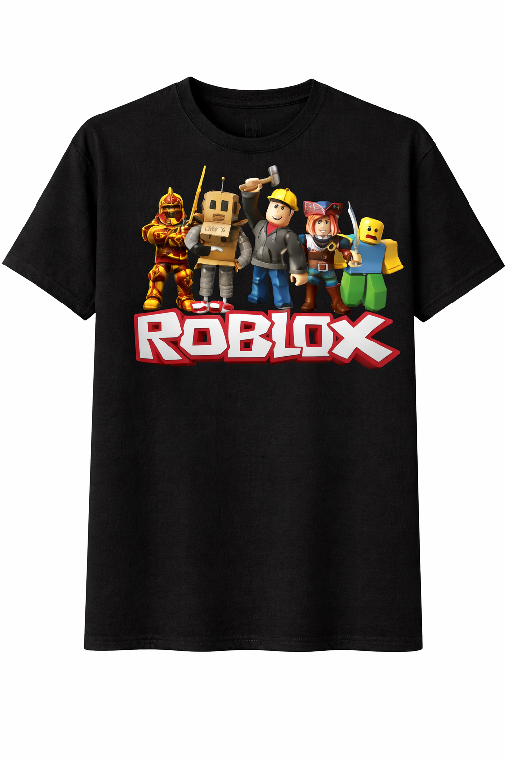 Black t-shirt with Roblox character graphics on a white background
