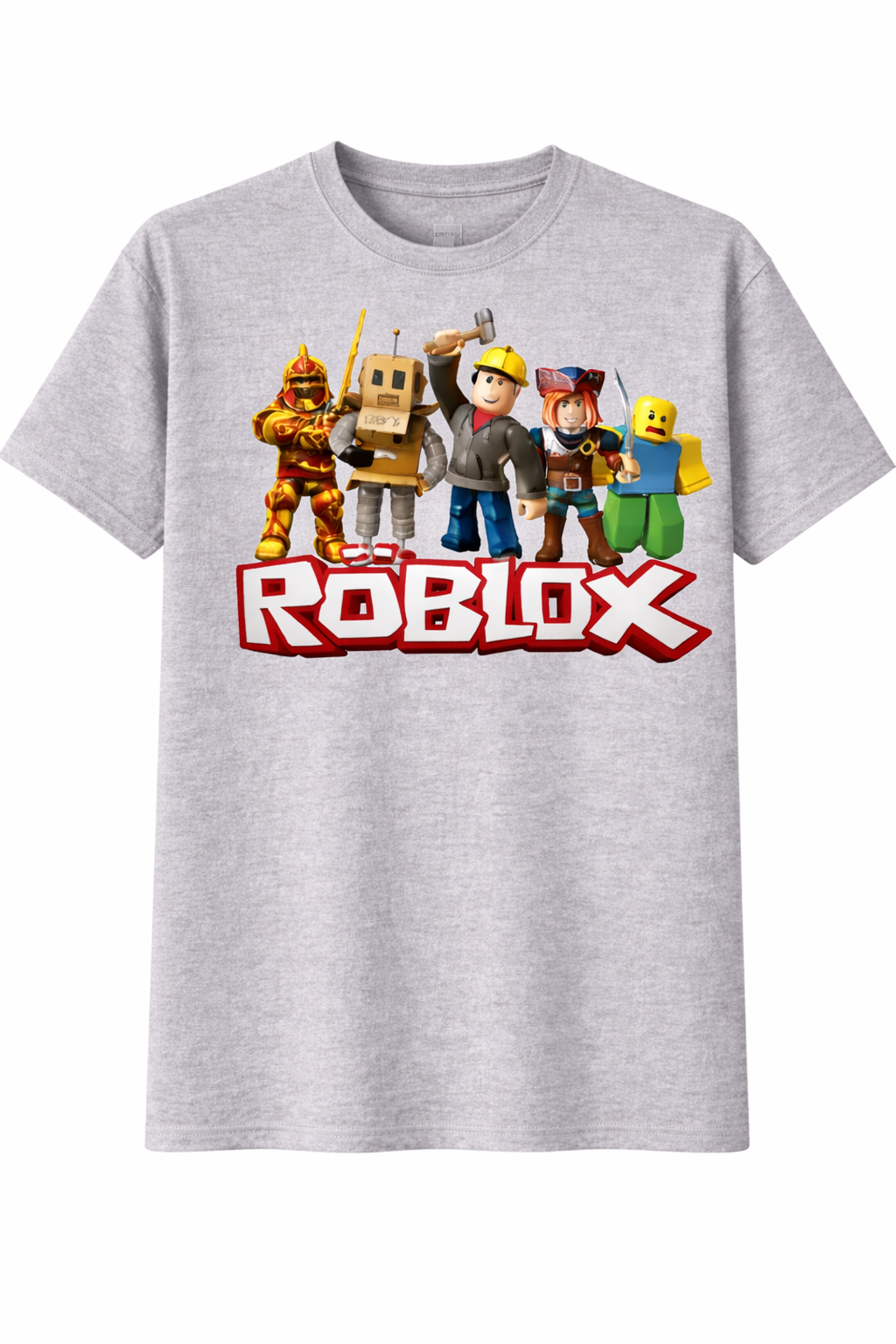 Gray t-shirt with Roblox characters and logo on a white background