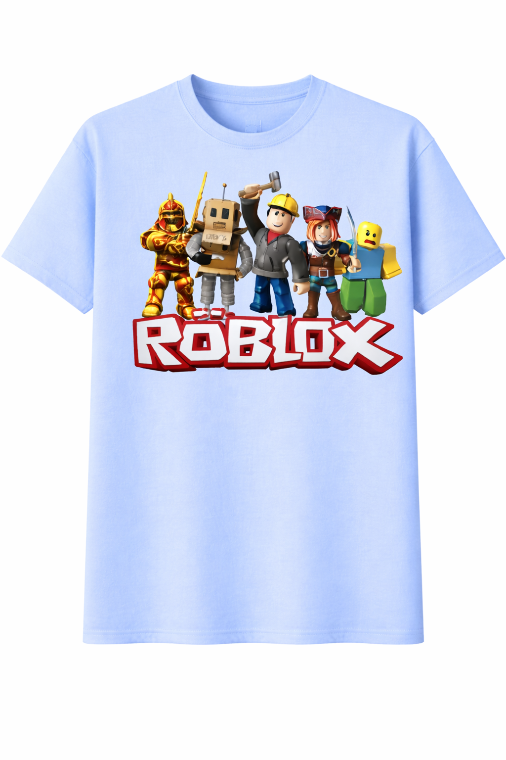 Light blue t-shirt with Roblox characters and logo on a white background