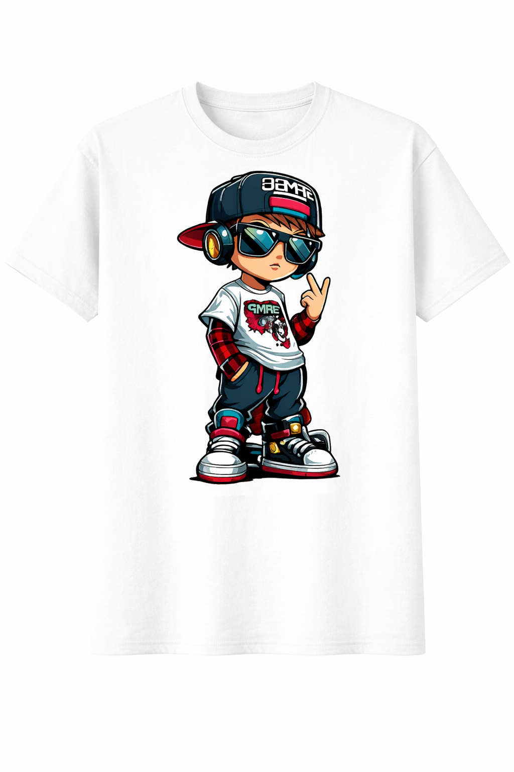White t-shirt with a cartoon character wearing a cap, sunglasses, and headphones on a white background