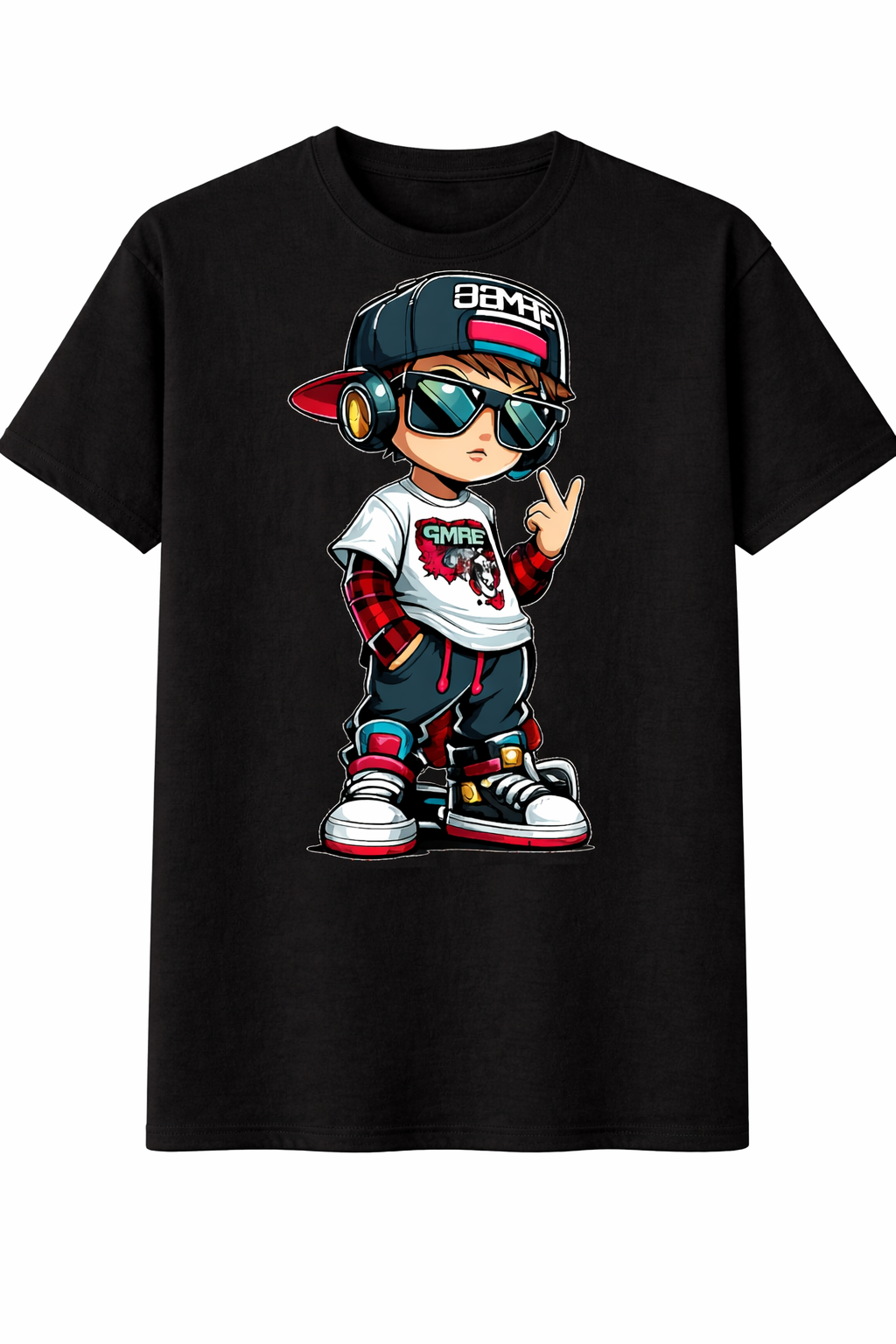 Black t-shirt with a cartoon character wearing sunglasses and a cap on a white background