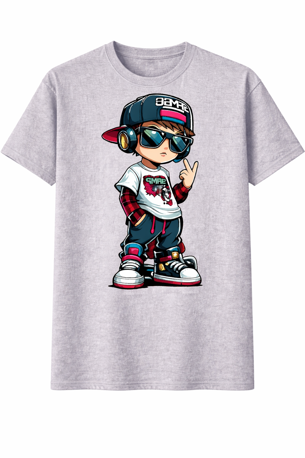 Gray t-shirt with a cartoon character wearing a cap and sunglasses on a white background