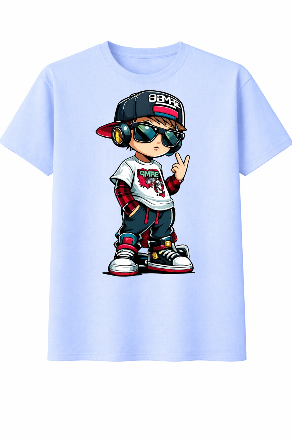 Light blue t-shirt with a cartoon character design on a white background