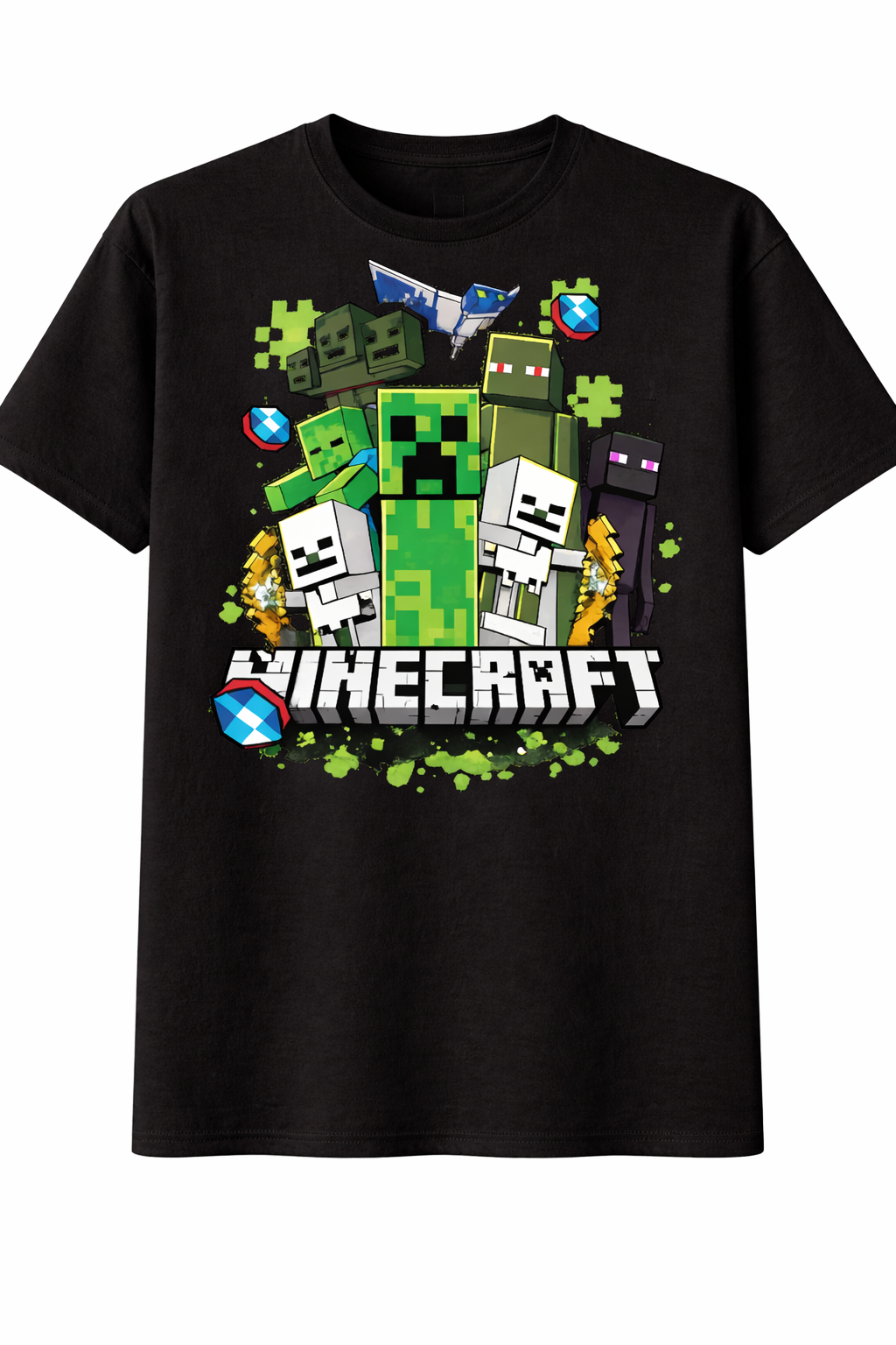 Black t-shirt with Minecraft character graphics on a white background