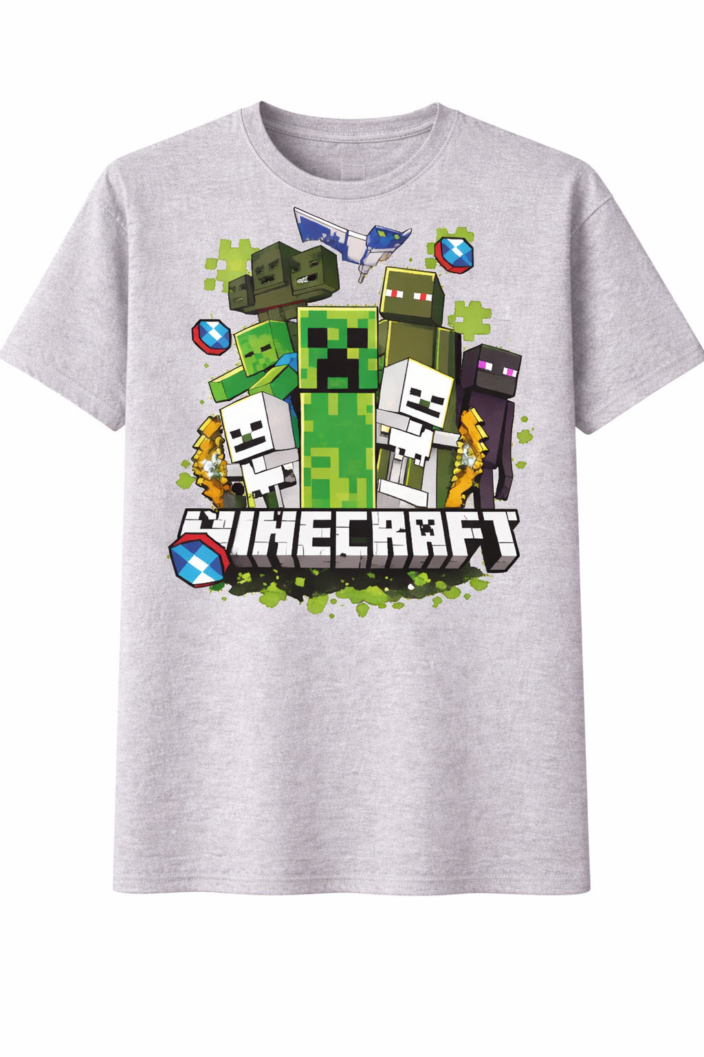 Gray t-shirt with Minecraft character graphics and logo on a white background