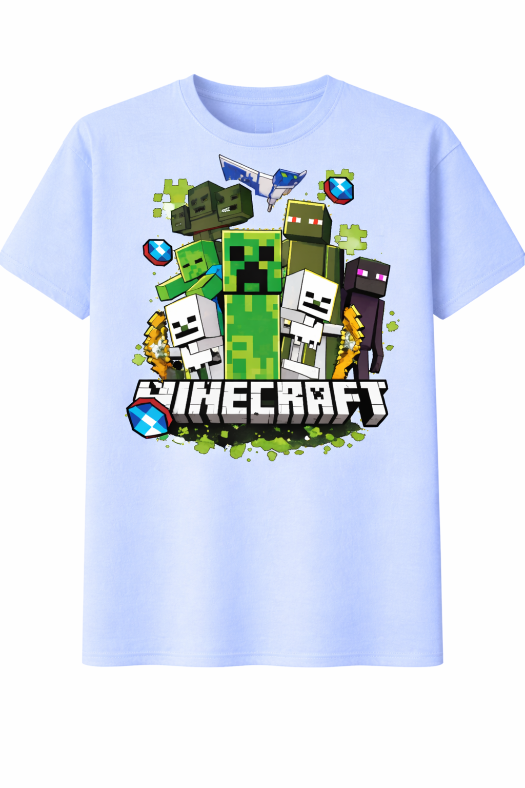 Light blue t-shirt with Minecraft character graphics on a white background