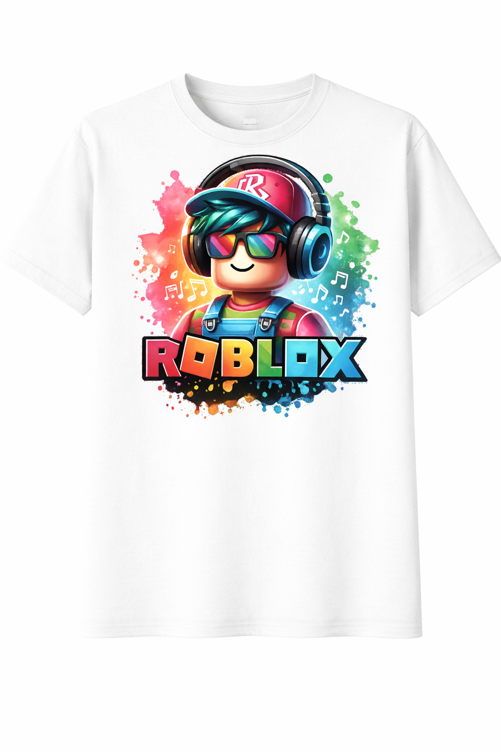 White t-shirt with Roblox character design featuring colorful graphics and 'Roblox' text.