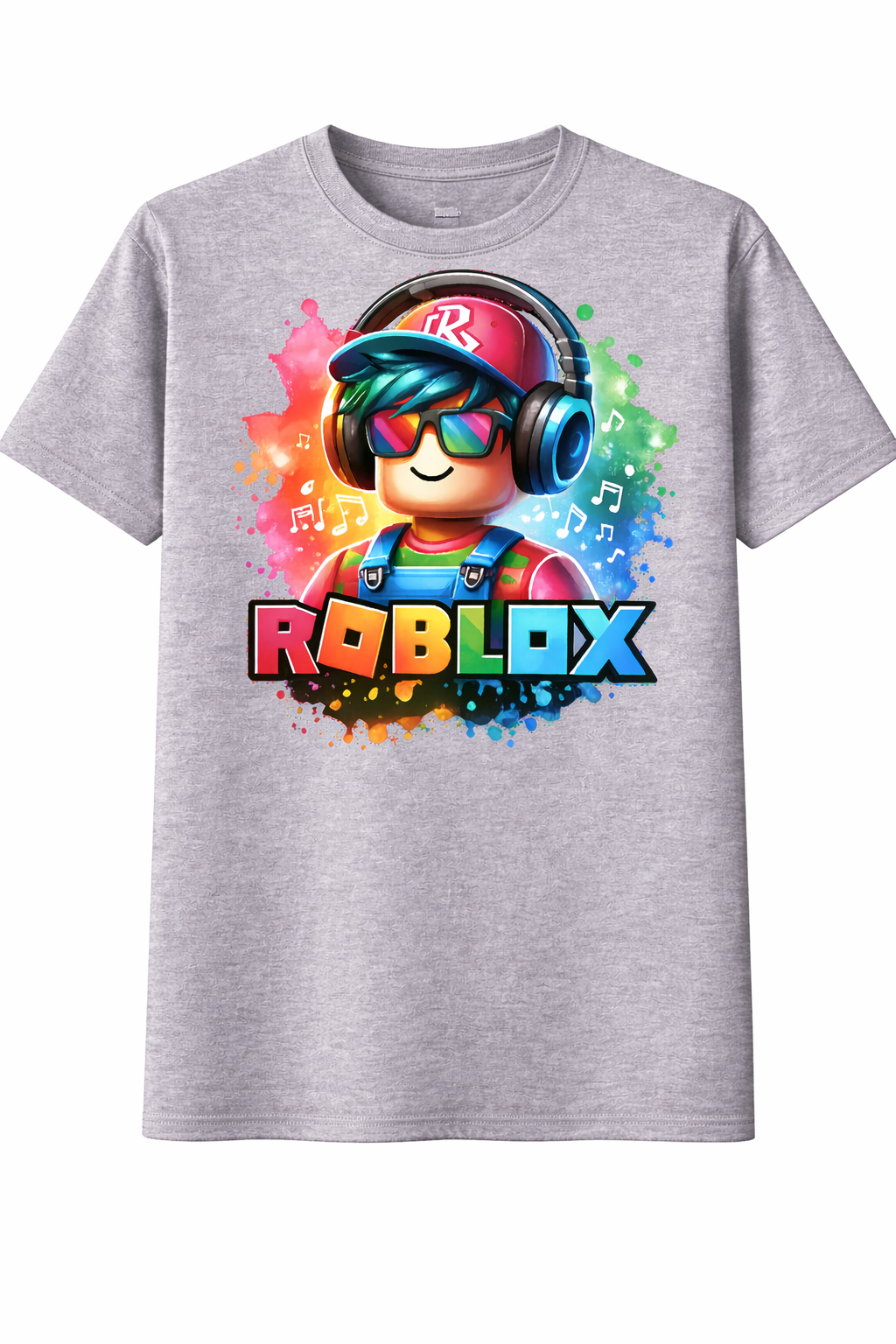 Gray t-shirt with Roblox character and colorful design on a white background