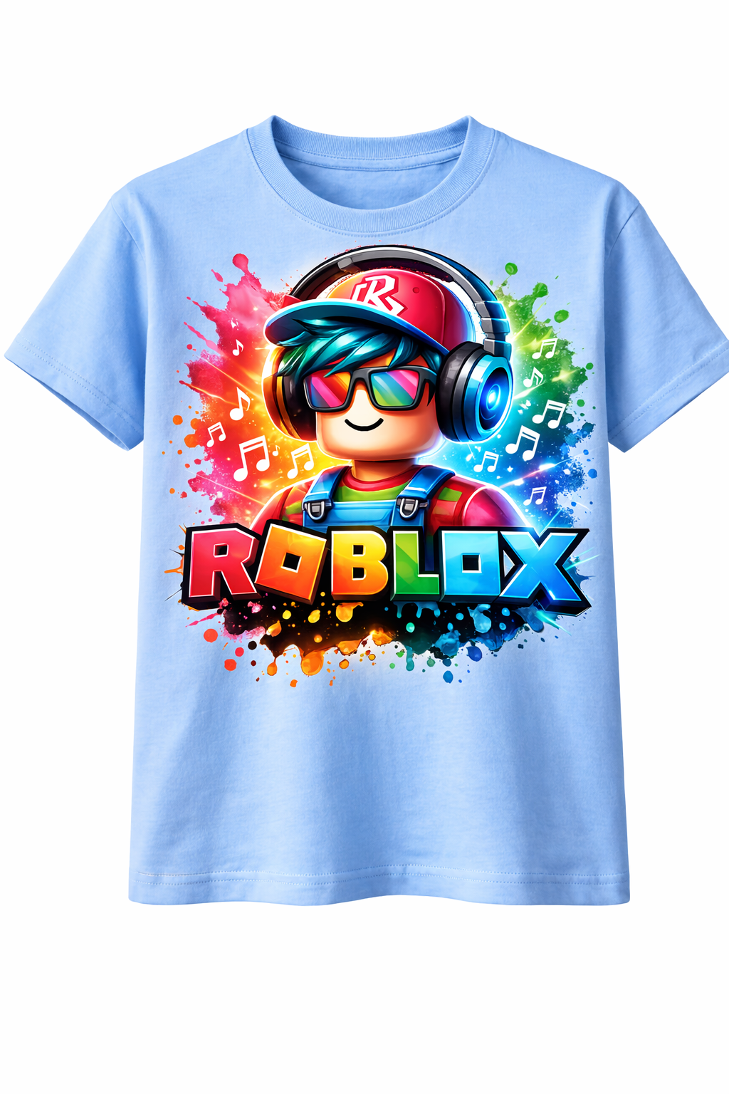 Light blue t-shirt with Roblox graphic featuring a character with colorful hair and sunglasses on a white background.