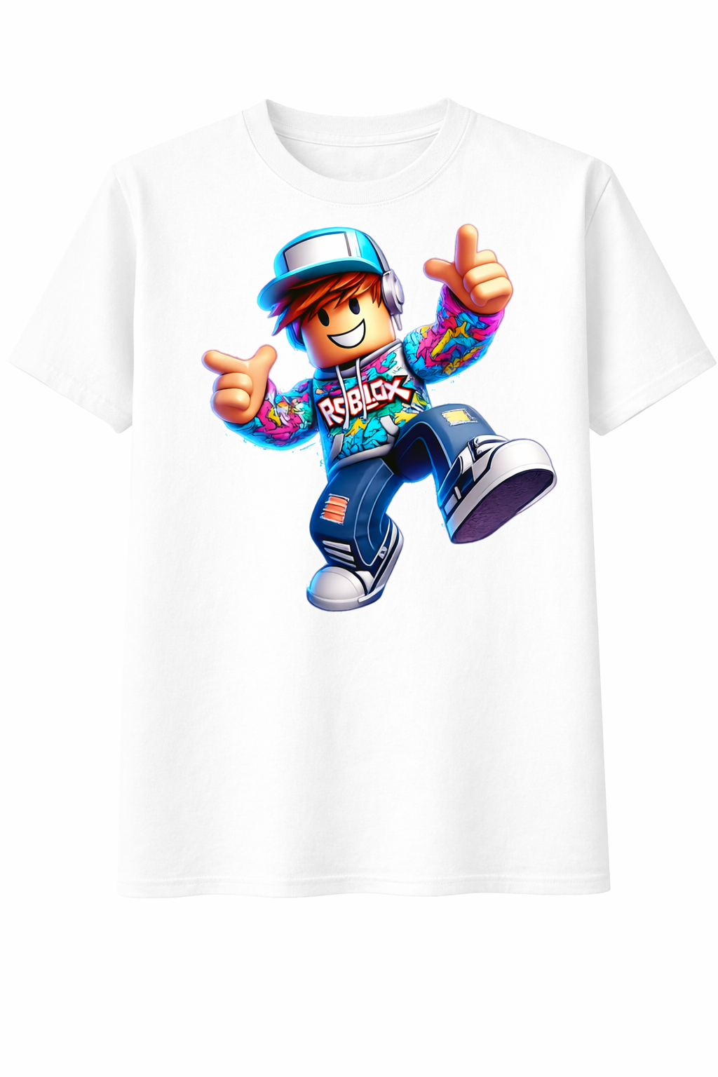 White t-shirt with a colorful character design on a white background
