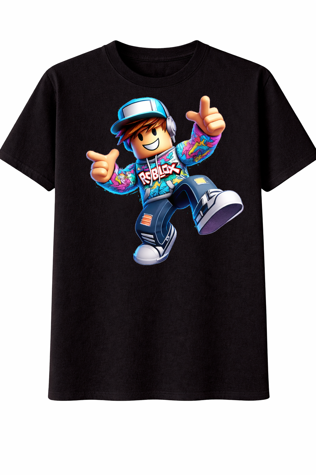 Black t-shirt with a colorful graphic of a character on a white background