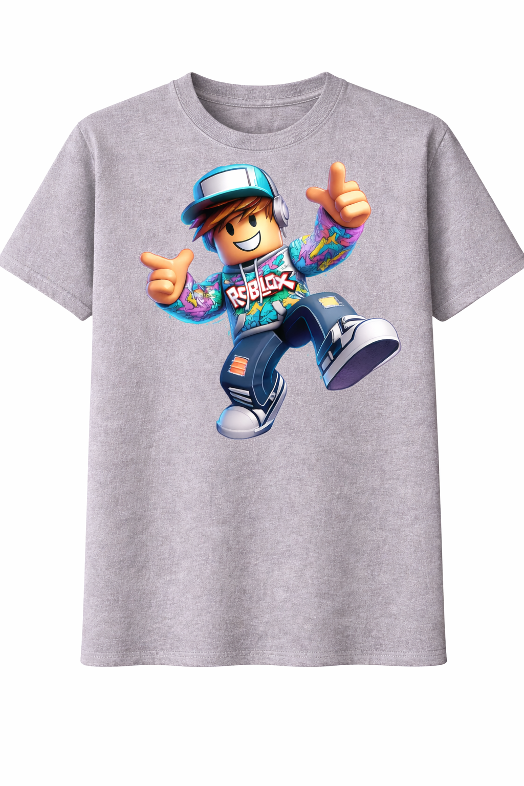 Gray t-shirt with a character graphic on a white background