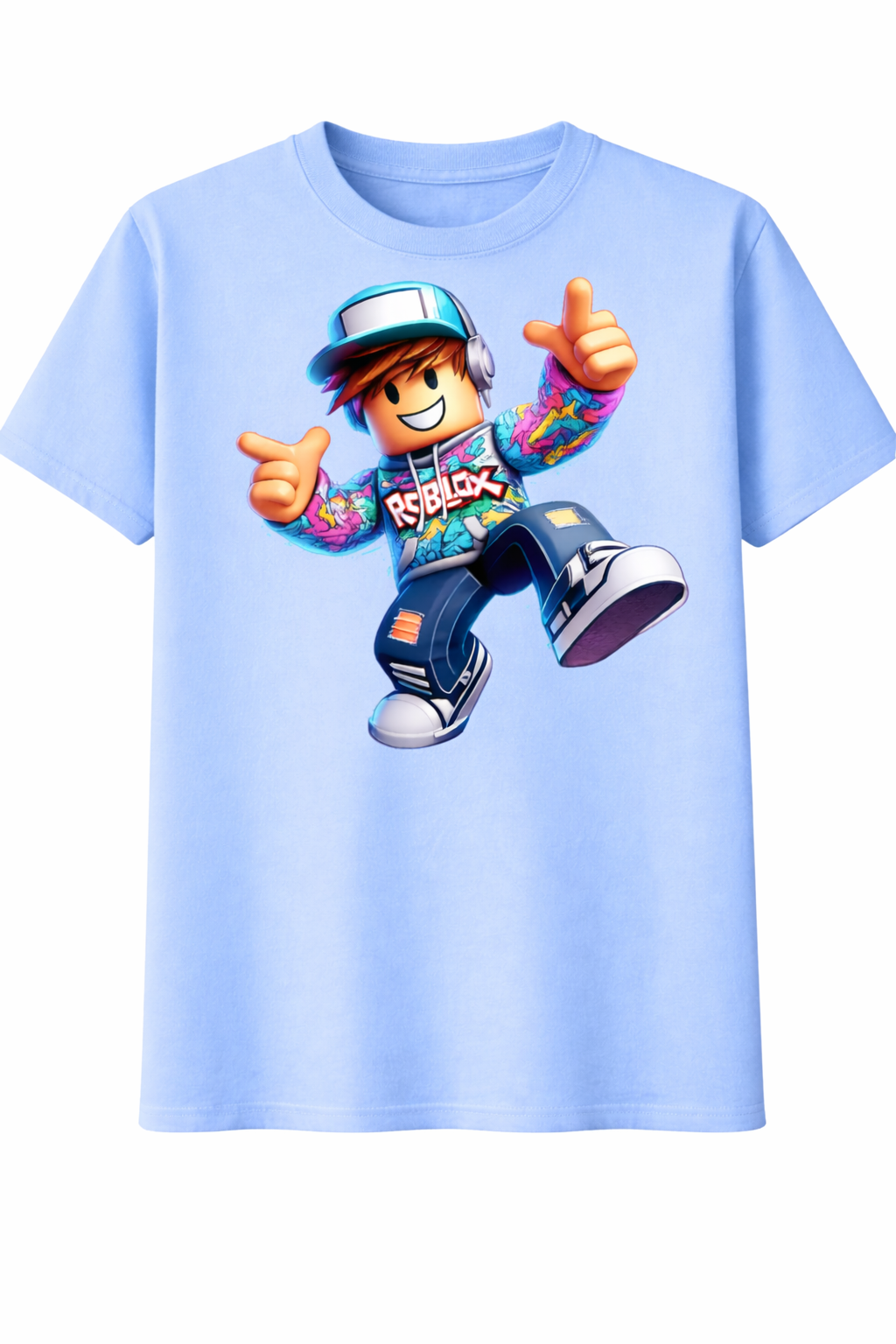 Light blue t-shirt with a character design on a white background