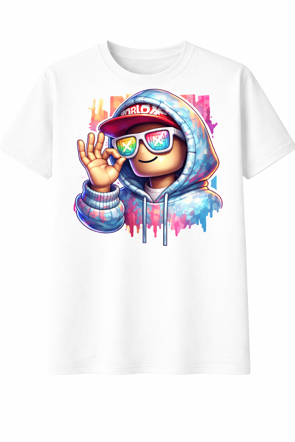 White t-shirt with a colorful graphic of a character wearing a hoodie and sunglasses on a white background.