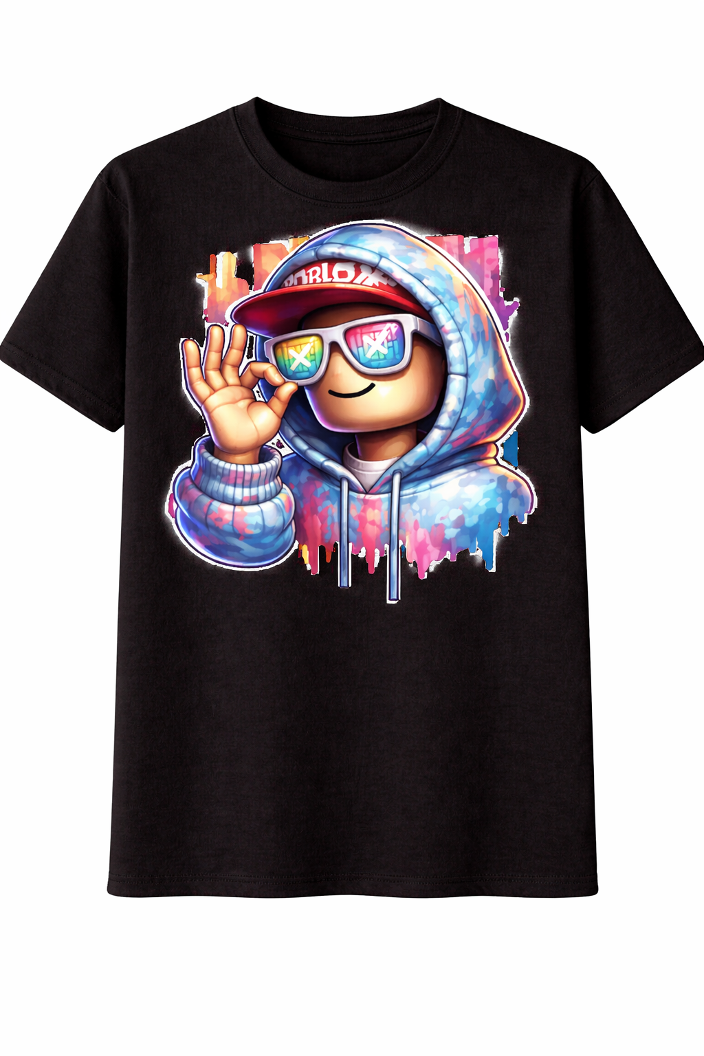 Black t-shirt with a colorful graphic of a character wearing a hoodie and sunglasses on a white background