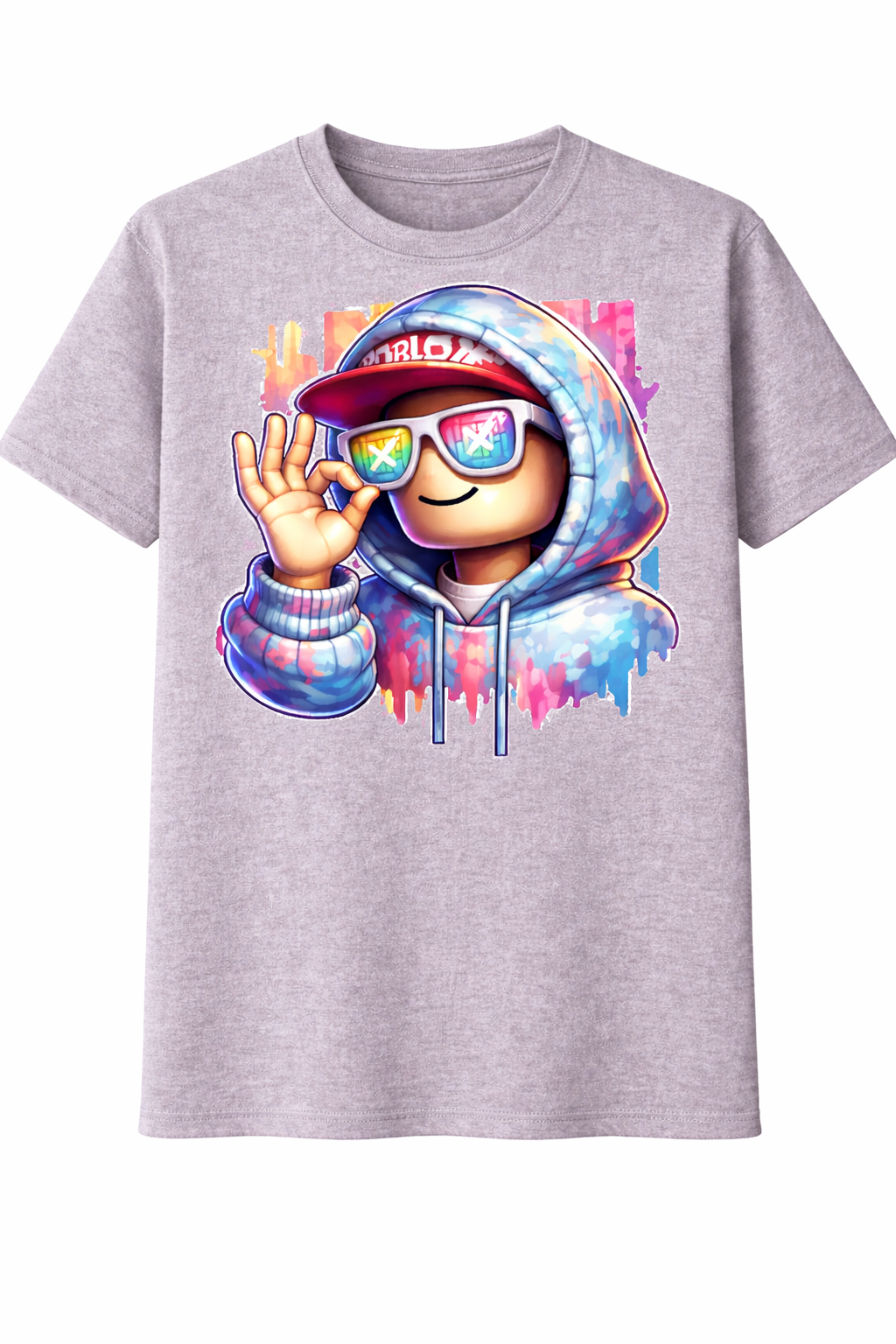 Gray t-shirt with a colorful character design on a white background