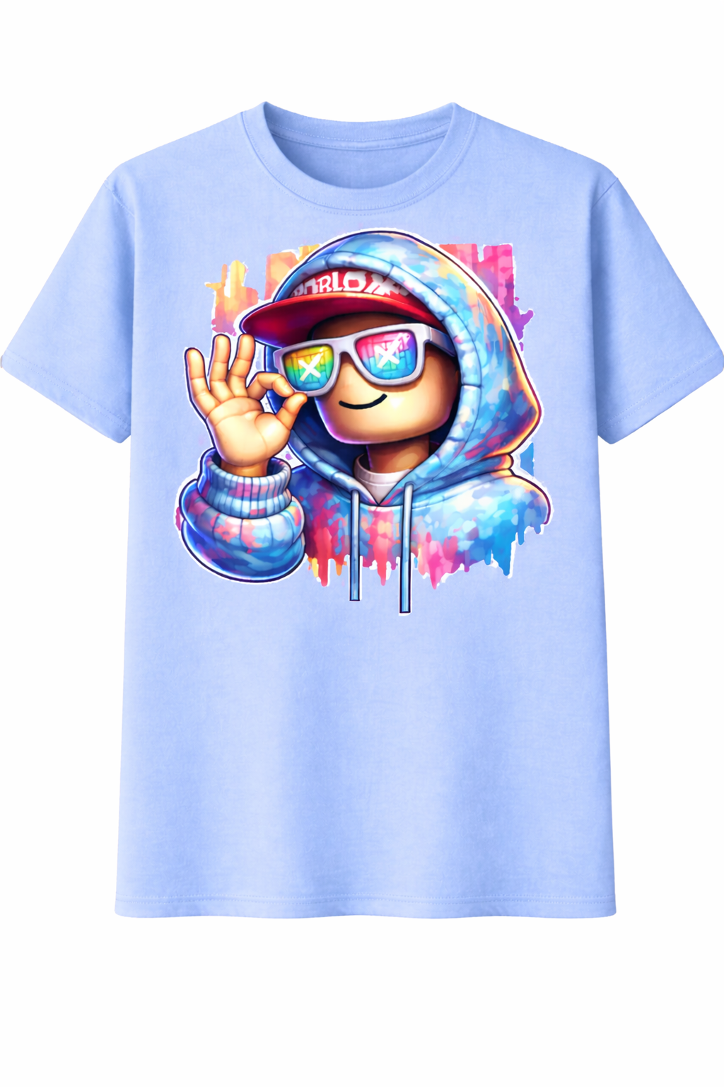 Light blue t-shirt with a colorful graphic of a character wearing a hoodie and sunglasses on a white background.