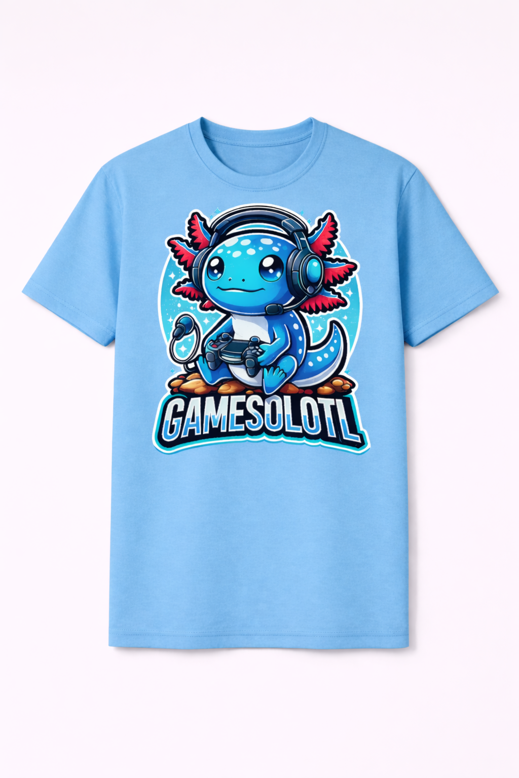 Light blue t-shirt with a cartoon character and 'GAMESOLOTY' text on a white background