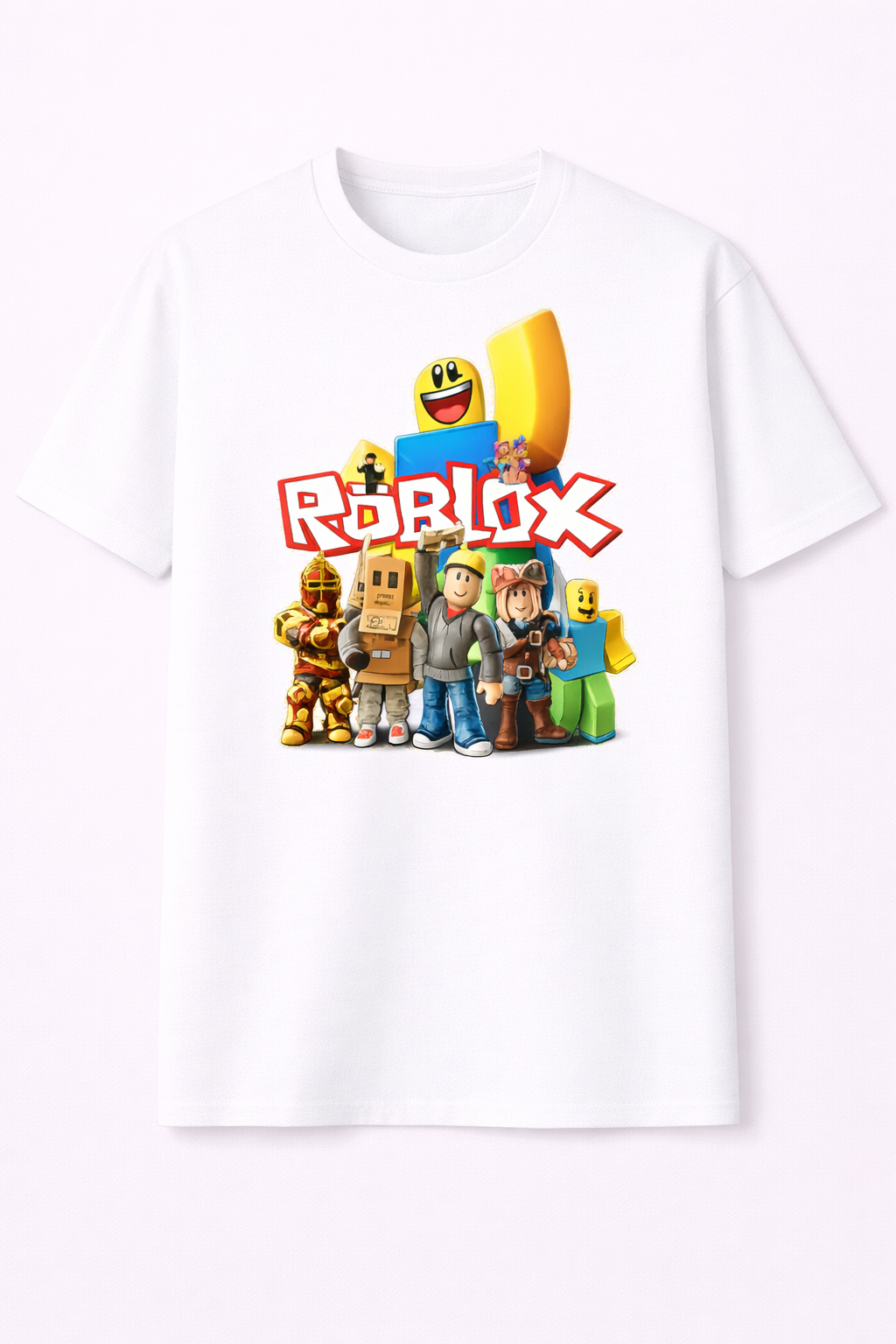 White t-shirt with Roblox character design on a white background