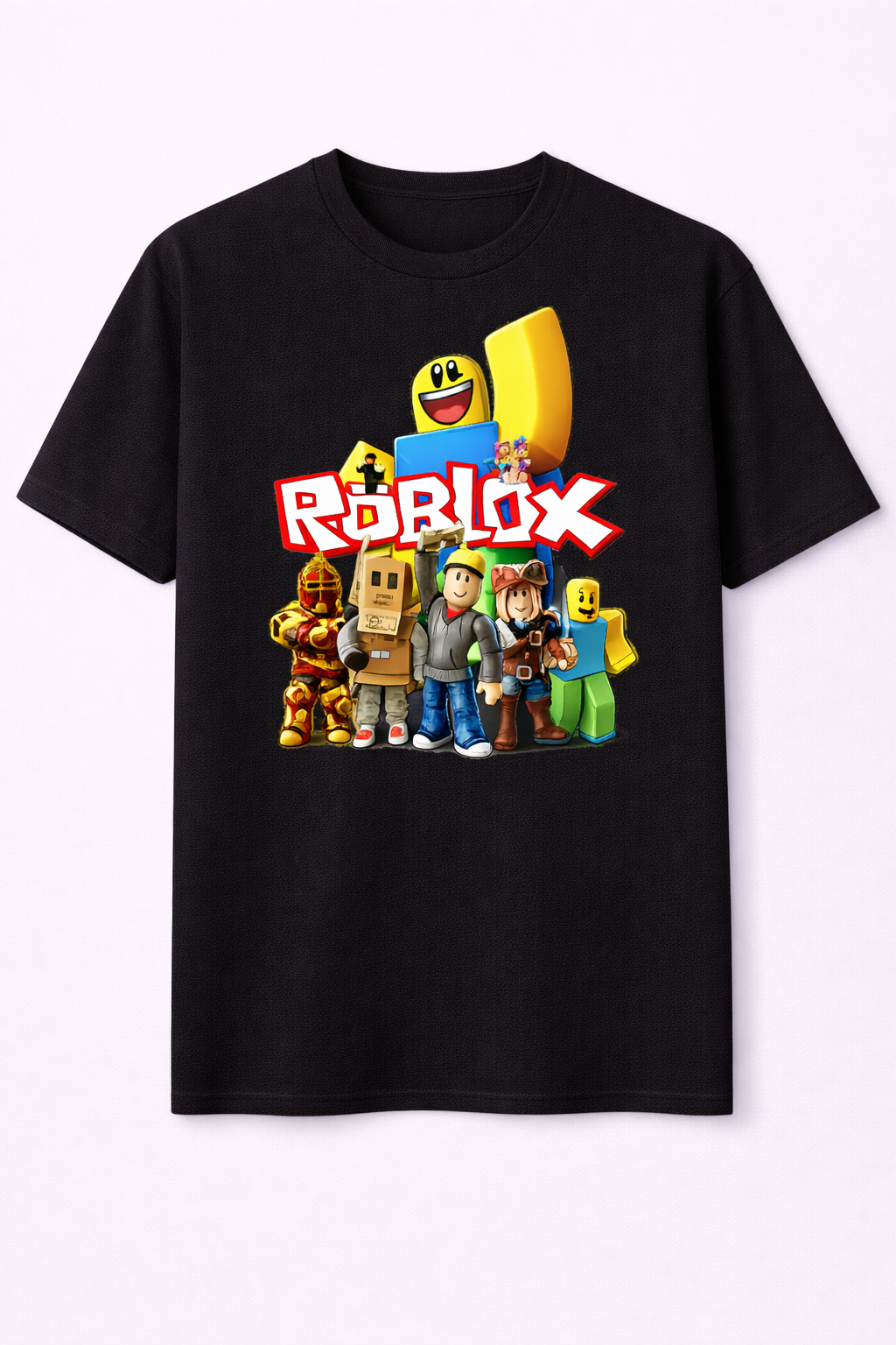 Black t-shirt with Roblox character design on a white background